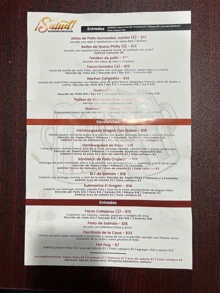 Salud: Sports Bar & Restaurante menu image